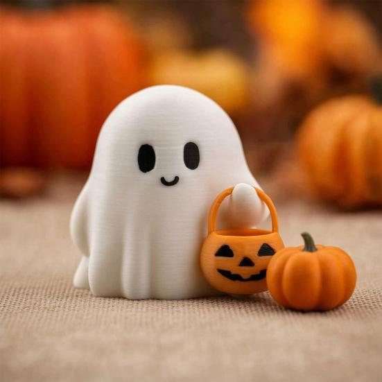 Halloween Ghost Pumpkin Statue, 3D Printed Glow In the Dark Figurine, Cute Mini Trick or Treat Candy Bucket Ornament for Desktop