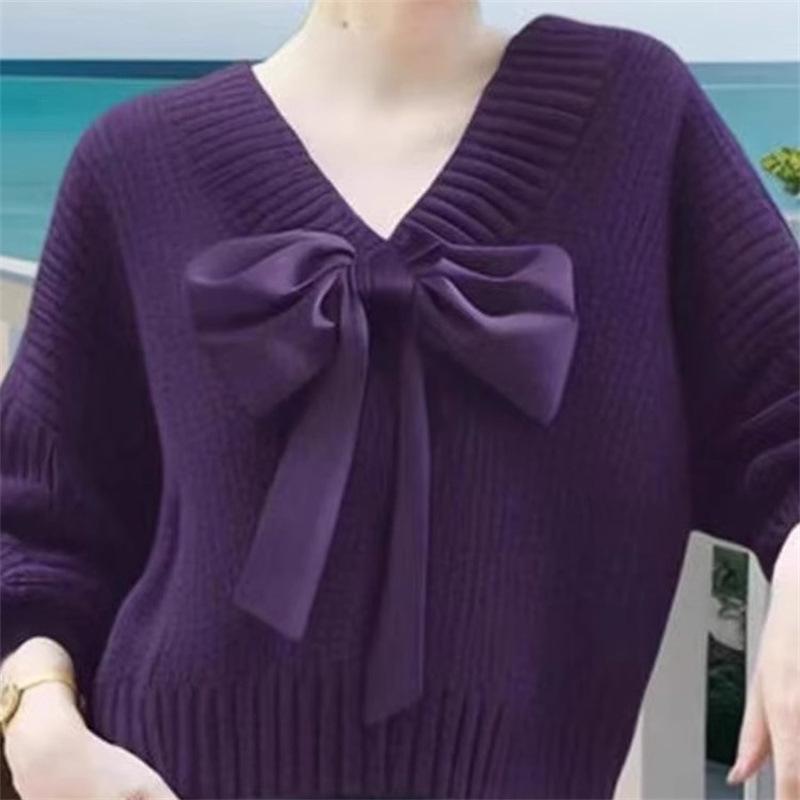New 2024 Arctic Velvet V-neck Bow Knit Sweater - Soft, Comfortable Acrylic Nylon Top