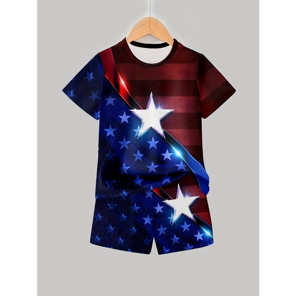 Boys  Fashion 3D Printed Casual Pullover Short Sleeve Shorts Sweatshirt, BoysOutdoor T-Shirt shorts Set