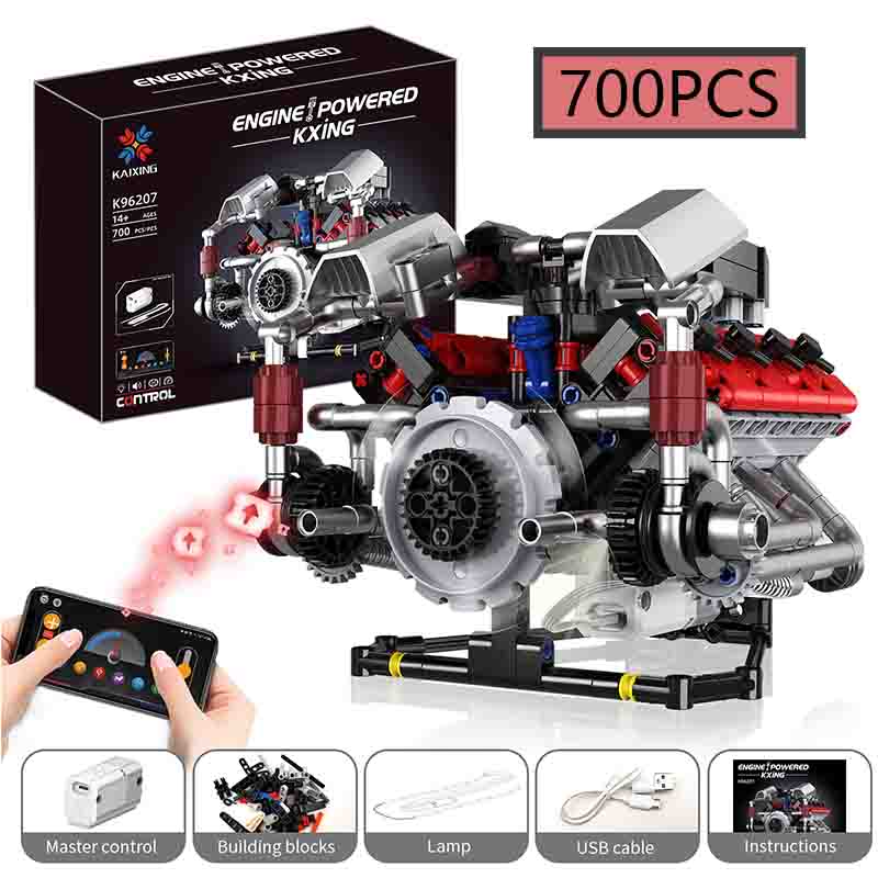 Moc Electric Rc New Creative App Control V8 Engine Led Model Building Blocks Children'S Puzzle Toy Birthday Gift
