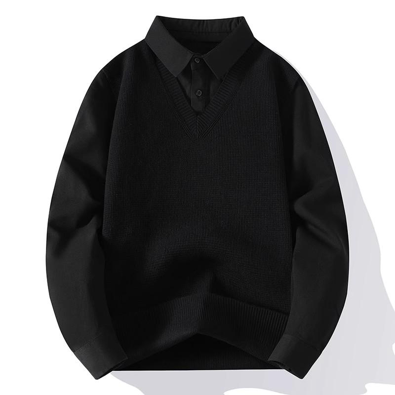 

Весна Осень Поддельные Двухсекционные Трикотажные Пуловеры Мужская Мода Лоскутная Рубашка Воротник Slim Fit Smart Casual Мужские Трикотажные Свитера Топы M чёрный