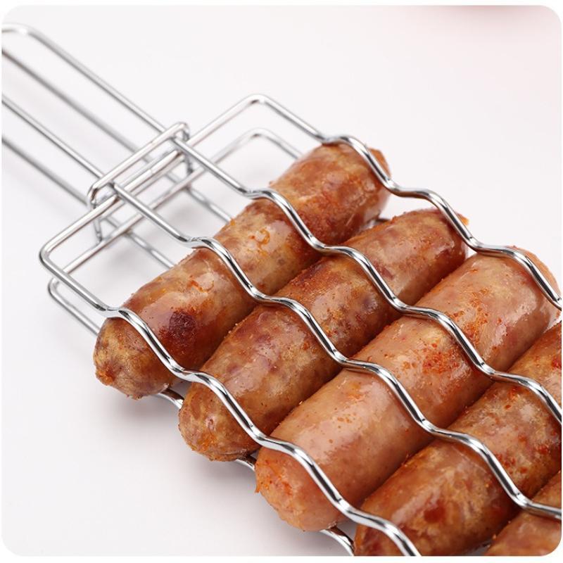 Outdoor Wooden Handle Hot Dog Barbecue Clip, Non Stick Ham Sausage Barbecue Net, Multifunctional Camping BBQ Tool