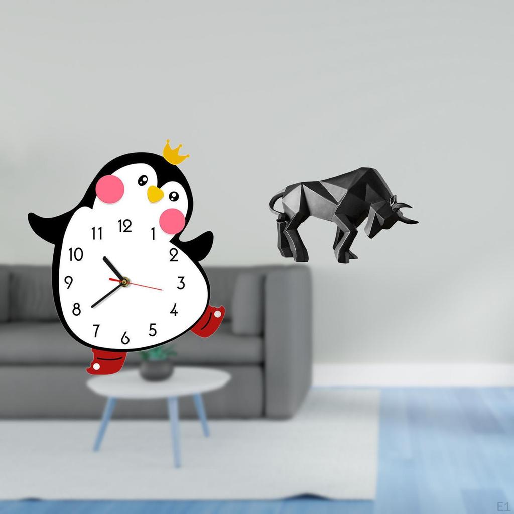 Penguin Bull Wooden Wall Clock Sculpture Decorative Resin Figurine for Bedroom Entryway Tabletop