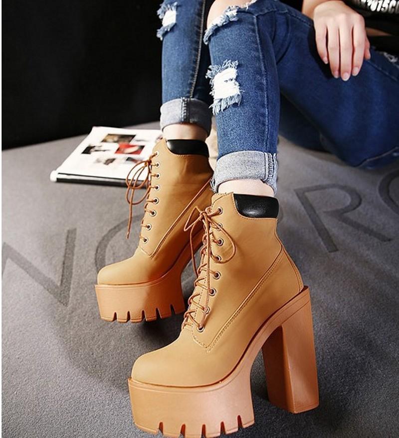 Neueste 2022 Plateau-Stiefeletten Damen Herbst Schnürung Dicke Hohe Absätze Damen Mode Schuhe Damen Freizeit Schuhwerk 358