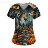 Women Halloween Print Nurse Uniform Short Sleeve Scrub Uniform V-neck Blouse Tops Pocket Carers Work Wear Medical Uniforms