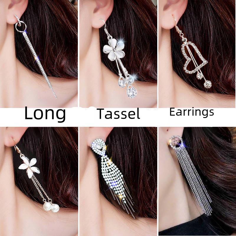 Korean Style Slim-Face Diamond Stud Pearl Tassel Zircon Long Earrings