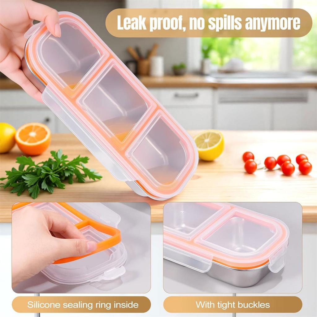 Stainless Food Container 3 Compartment With Resistant Lid Dishwasher Friendly Lunch Storage for Home Work Travel