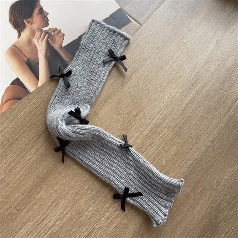 Women Girls Ribbed Knit Solid Color Leg Warmer Aesthetic Elegant Sweet Bowknot Footless Long Socks Ruffled Leg Covers