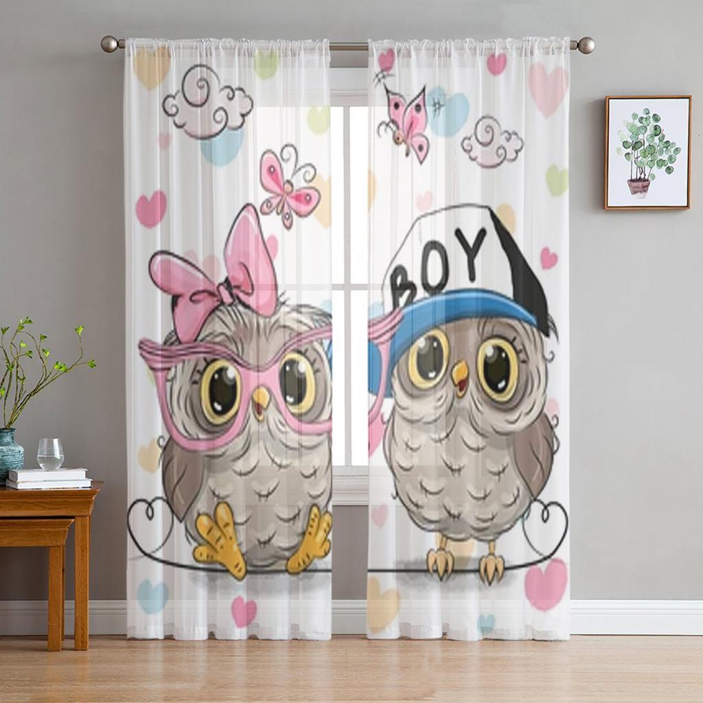 Niedliche Eulen auf Herz-Hintergrund Chiffon Transparente Vorhänge für Wohnzimmer Schlafzimmer Dekoration Fenster Tüll Vorhänge Drapierungen