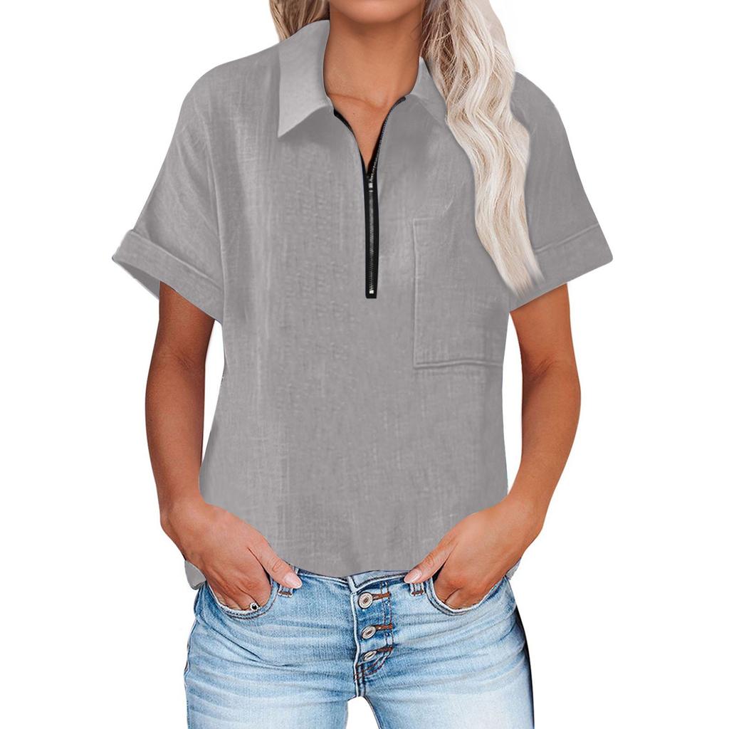 Women Summer Top Short Sleeve Fit Shirt  Fashion Casual Clothes Shirt Half Zipper Short-sleeved Top