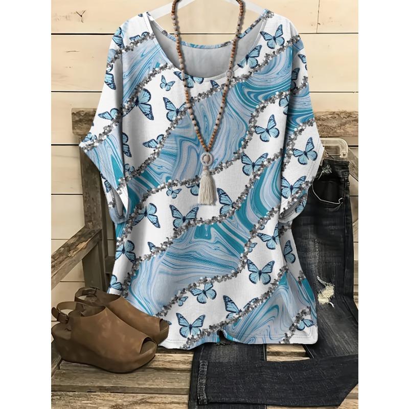 Plus size loose gothic butterfly print round neck short-sleeved T-shirt, casual and comfortable top for women