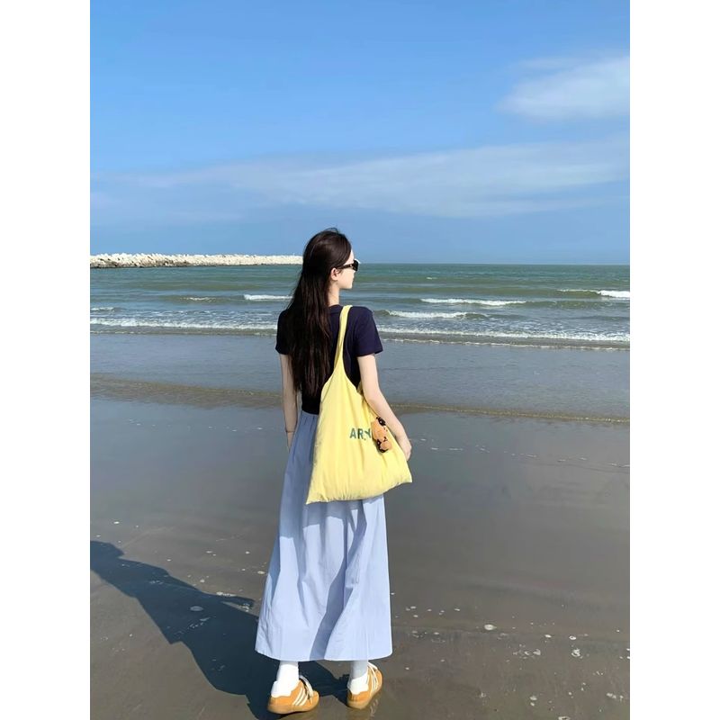 Kumikumi Fashion Set Solid round Neck Short sleeve T-shirt Women Summer High Waist Skirt Large Swing Skirt Two-piece Set