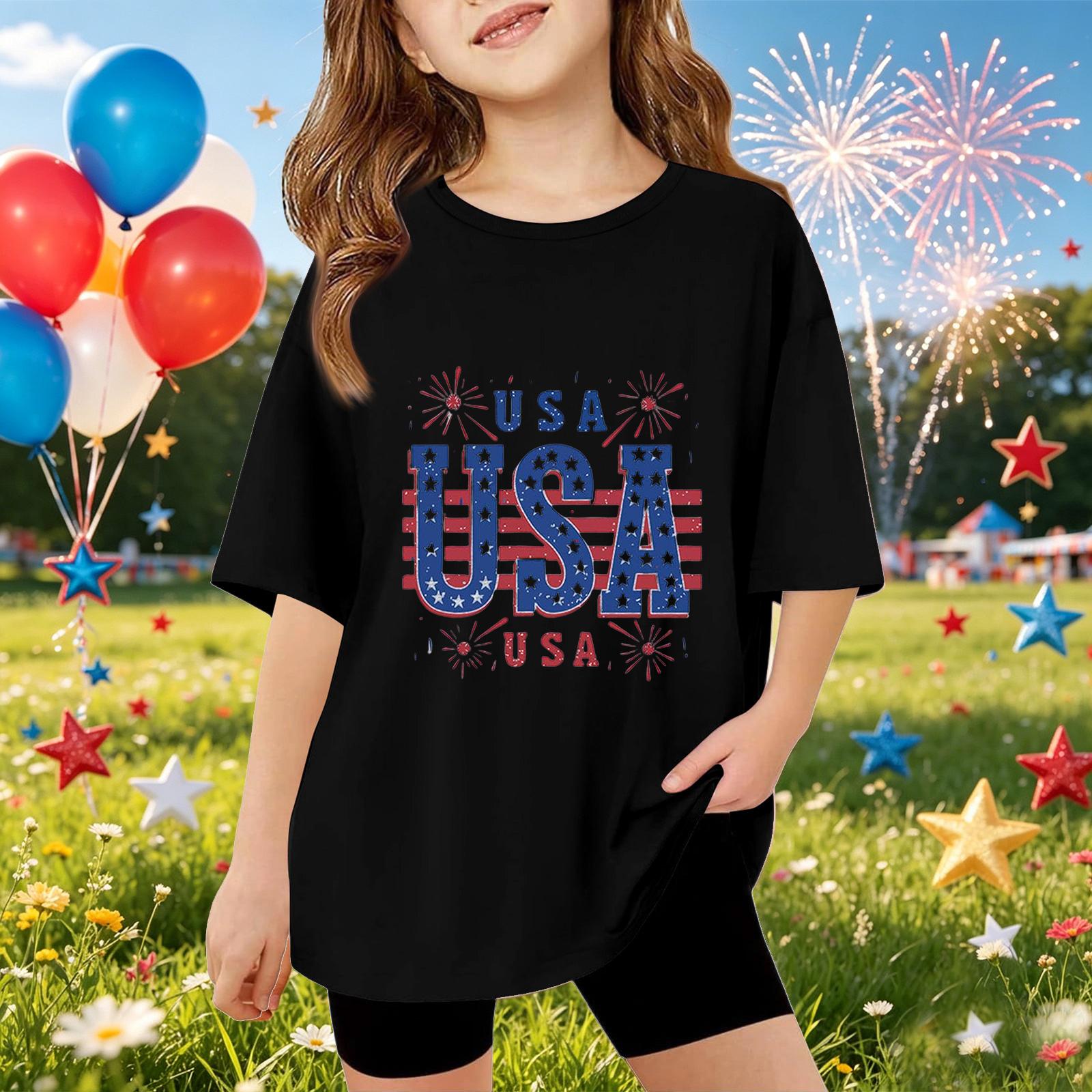

Kids Short Sleeve T-Shirt USA Print Independence Day Top Casual Loose Fit Crew Neck Tee for Boys Girls Summer Wear 100 чёрный