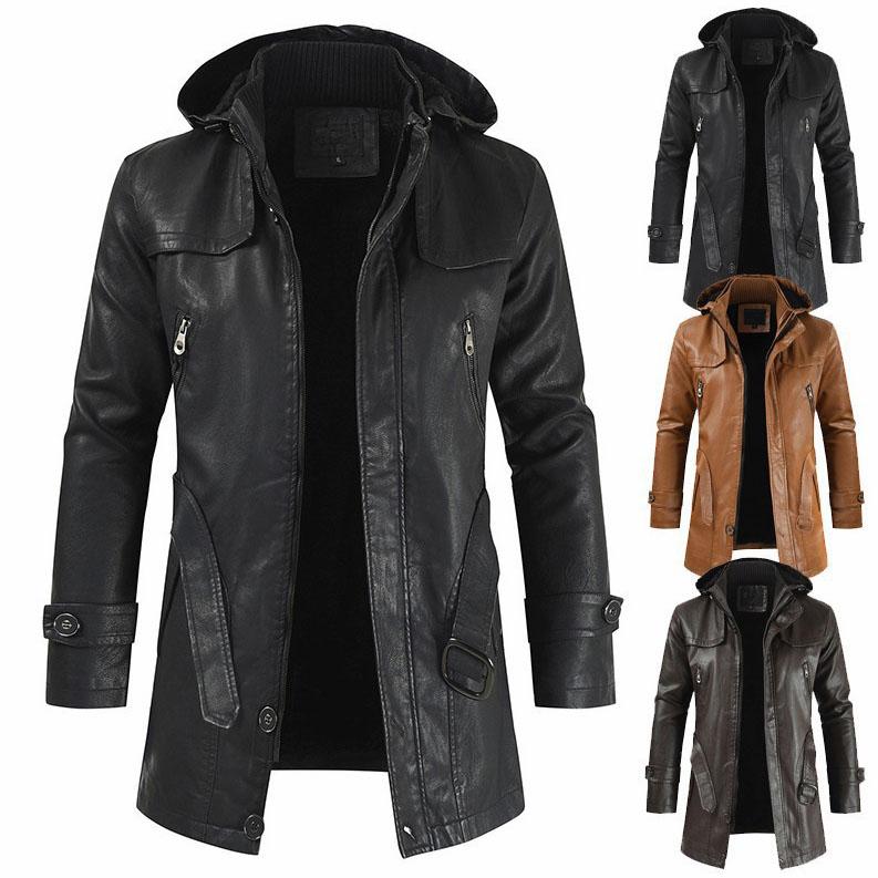 Winter Men's Thick Fleece Leather Jacket Coat Long Outwear Fashion Warm Casual Vintage Clothing for Men Steampunk Biker Jaqueta