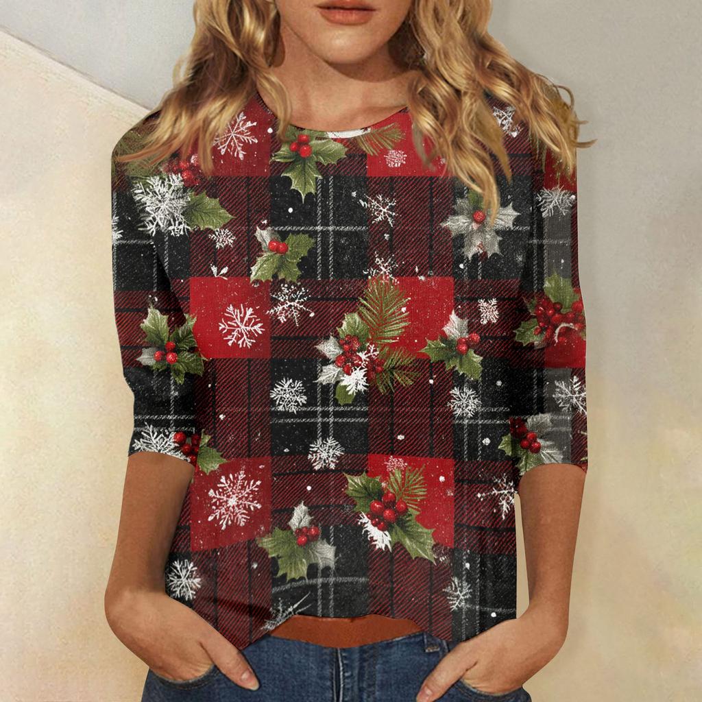 Damebluser Trekvart ermet skjorte V-hals Løs fritidsskjorte Trykk T-skjorte