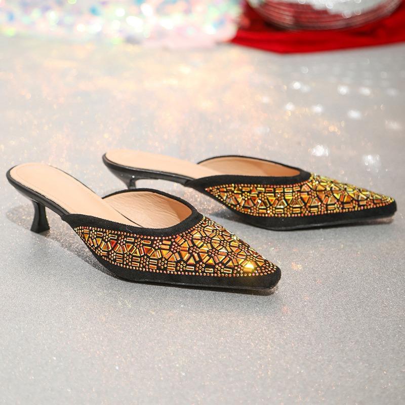 

Summer new gilt rhinestone bag head cool slippers women s non-slip soft sole wear fashion semi-drag sandals breathable 41