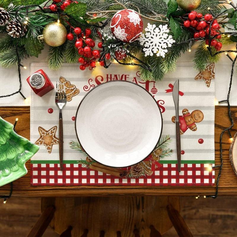 4Pcs Placemats & Coasters Set Christmas Santa Robin Snowman Reindeer Dinner Mats