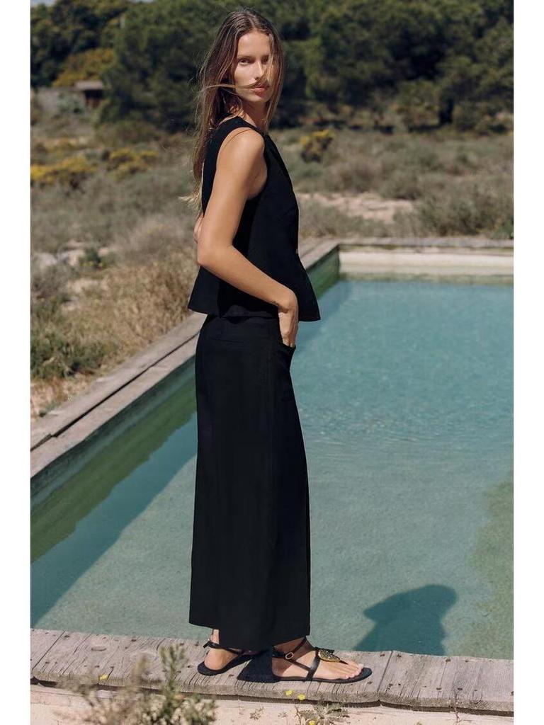 2025 Women's Summer Linen Blend Double-Breasted Vest & Wide-Leg Pants Fashion Set