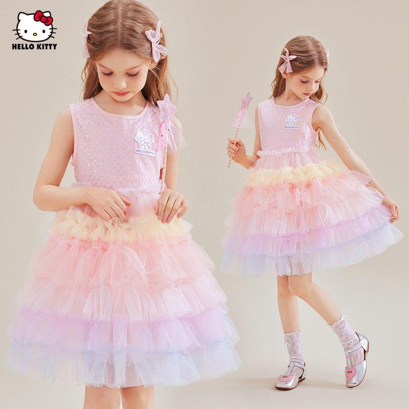 Hellokitty Girls' Summer Dress 2025 New Mesh Cake Dress Gradient Color Tutu Skirt Princess Dress