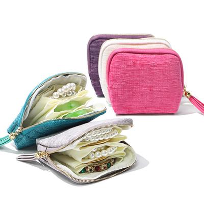 Litet reseetui för smycken 5 fack Bärbar minismyckeskrin med tofsdragkedja Mjuk sammetsorganiseringspåse för ringar armband armband kort