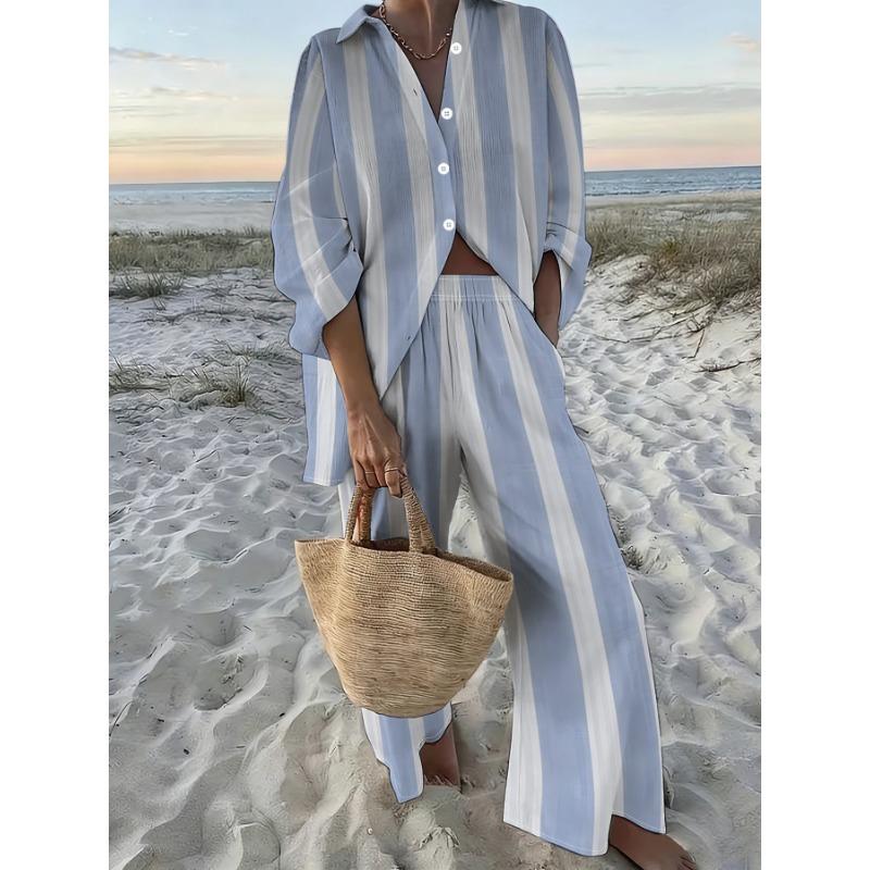 Blue and white striped casual long-sleeved trousers suit, women's fresh holiday style shirt, wide-leg pants two-piece set