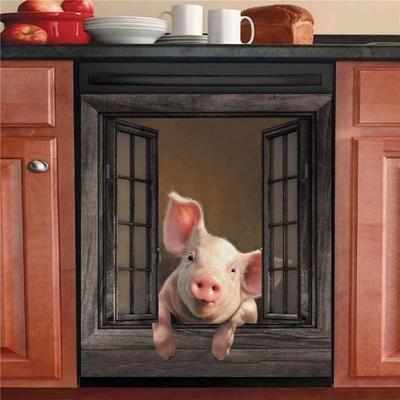 Magnetic Funny Pig Dishwasher Sticker Kitchen Cabinet Panels and Farm Window Refrigerator Door Cover Sheet
