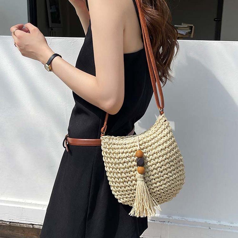 Pu Leather Weave Straw Crossbody Bag Wood Bead Tassels Beach Bag Fashion Raffia Bag  Shopping