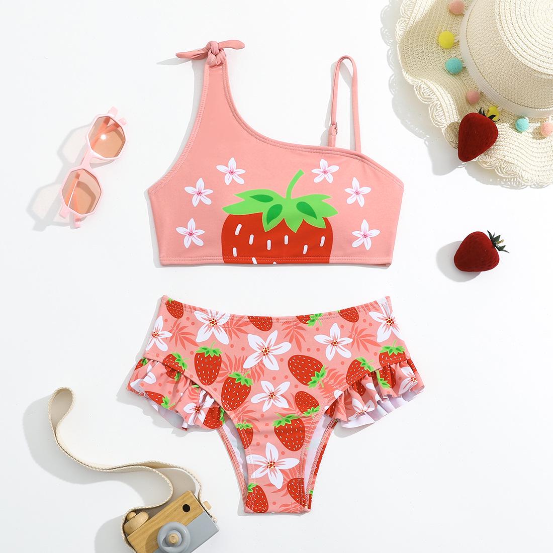 

Клубничный купальник бикини на одно плечо с оборками для малышей – быстросохнущий детский купальник 4-5 Years/130CM арбуз красный