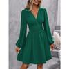 Autumn and Winter New Slanted Collar Lantern Sleeve Pleated Waist Dress