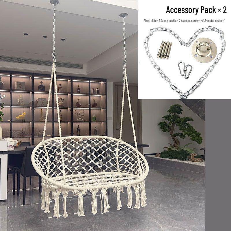 Nordic Indoor Outdoor Double Hanging Chair Swing with Tassel Cradle - Cotton and Linen Hammock for Homestay or Balcony.