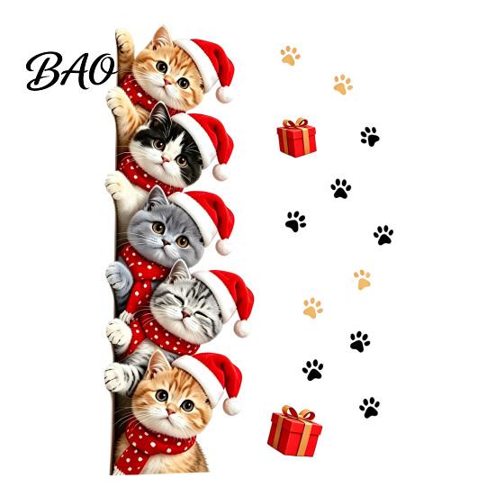 Waterproof PVC Festive Decor Christmas Cat Door Sticker, Cute Santa Hat Kittens Wall Decal, Self Kitten Window Stickers Adhesive Sticker for