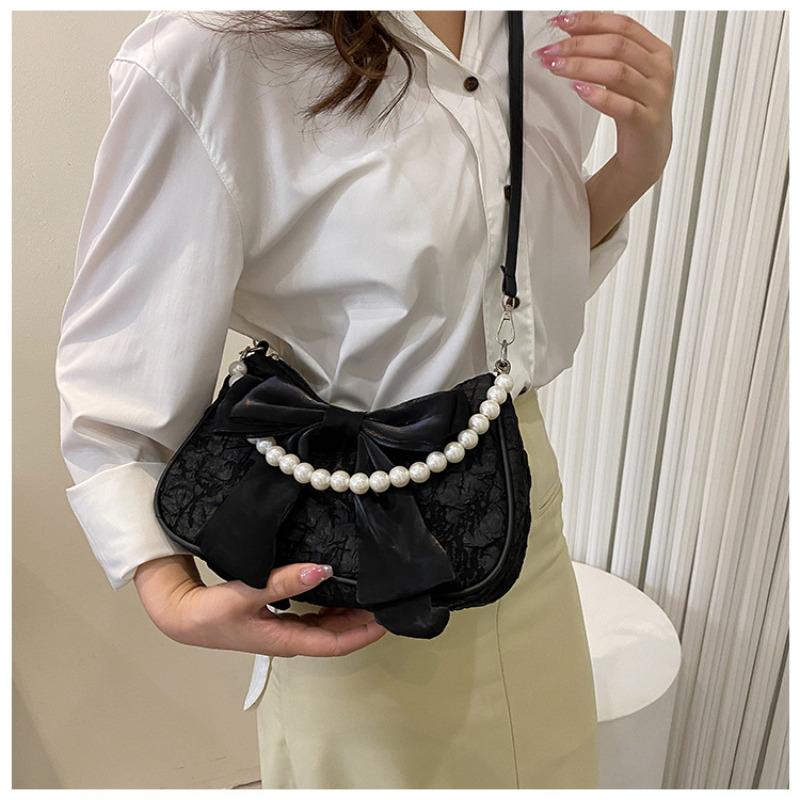 Women's Faux Leather Bowknot Shoulder Bag, Retro Pearl Decorated Crossbody Purse, Small Square Satchel for Daily Wear
