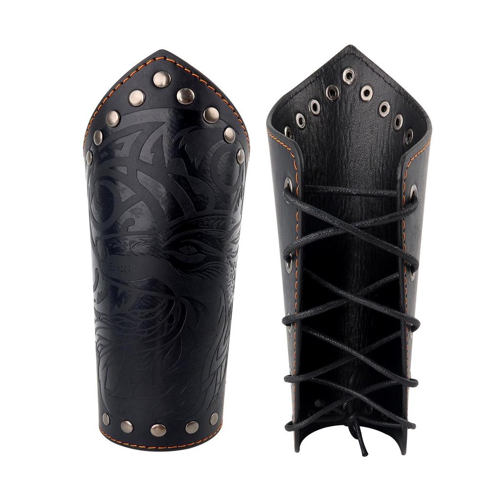 Viking Wolf Totem Leather Wristband - Embossed Medieval Warrior Protective Gear