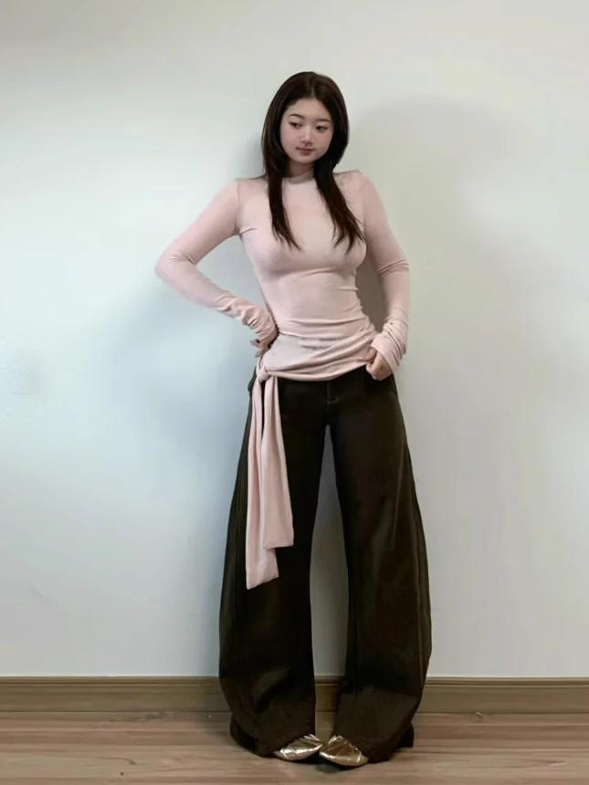 

Сладкий и пикантный топ со шнуровкой, облегающего кроя, с длинным рукавом для женщин Double Extra Large розовый