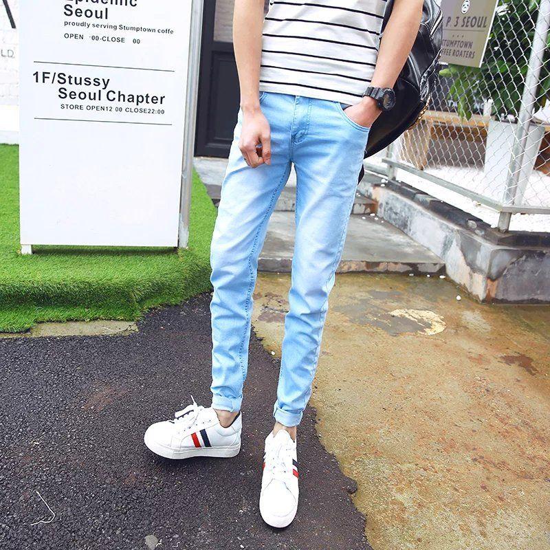 WTEMPO Męskie Jeansy Letnie Cienkie Jednokolorowe Elastyczne Dopasowane Jeansy Proste Spodnie Codzienne Wszechstronne Męskie Spodnie