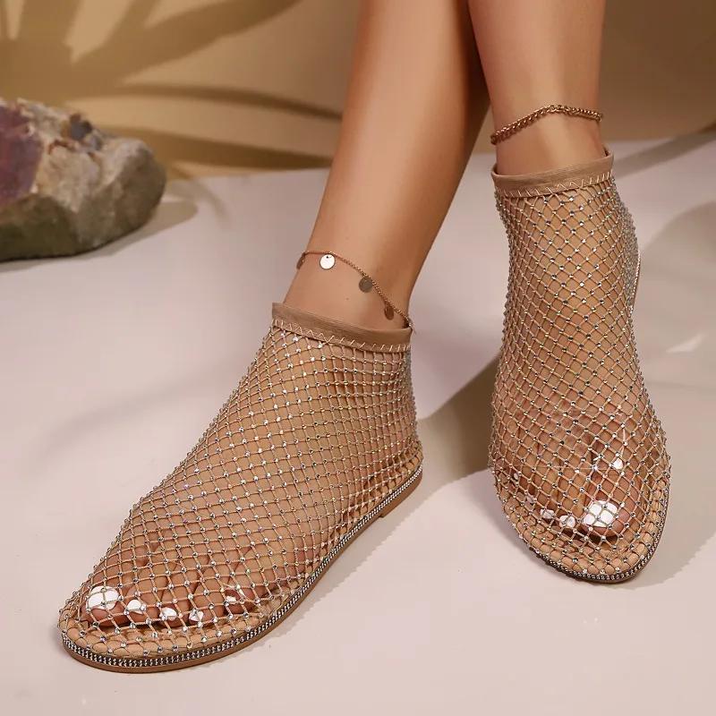 Women's Large Size Sandals Rhinestones One Kick Mesh Upper Flat Sole Shoes Women Leisure Breathable Roman New Sandalias De Mujer