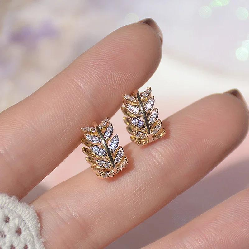 Huitan Literary Fancy Leaf Hoop Earrings with Shining Cubic Zirconia for Lady Party Wedding Engagement Graceful Accessories