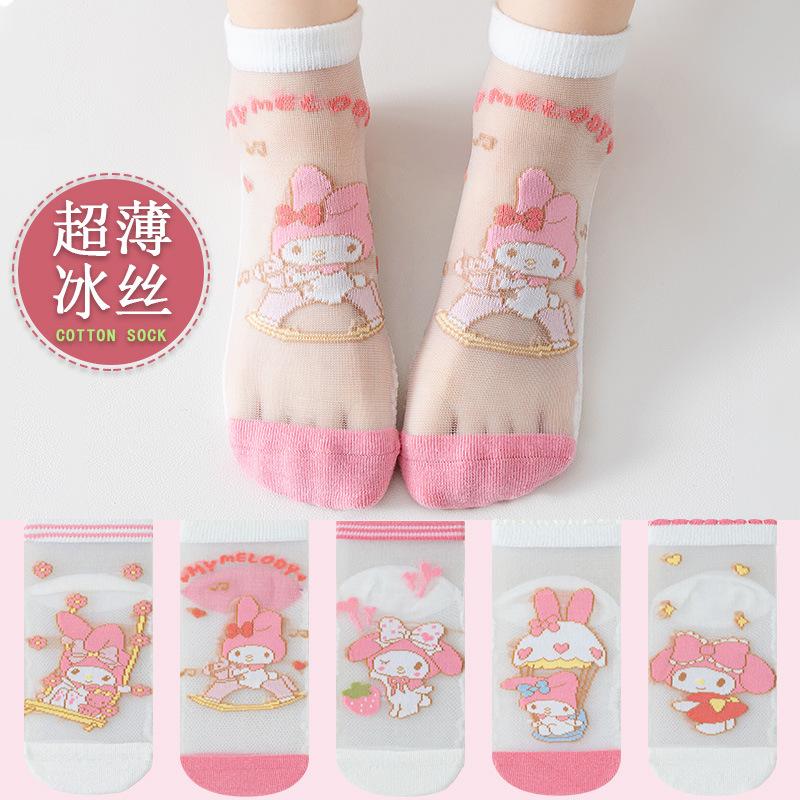 

5pc Girls Cartoon Pattern Sheer Thin Ice Silk Socks Breathable Soft Material Comfortable Fit Durable Design for Summer Use L розовый