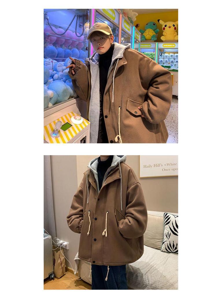 Men's Korean Style Woolen Cotton Winter Jacket - Trendy, Thickened, Loose Fit, Two-Piece Windbreaker, Retro Hong Kong Style