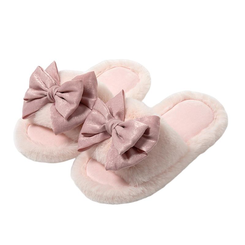 Ins Bow Open Cotton Slippers Winter Home Indoor Household Plush Slippers Warm Plush Slippers