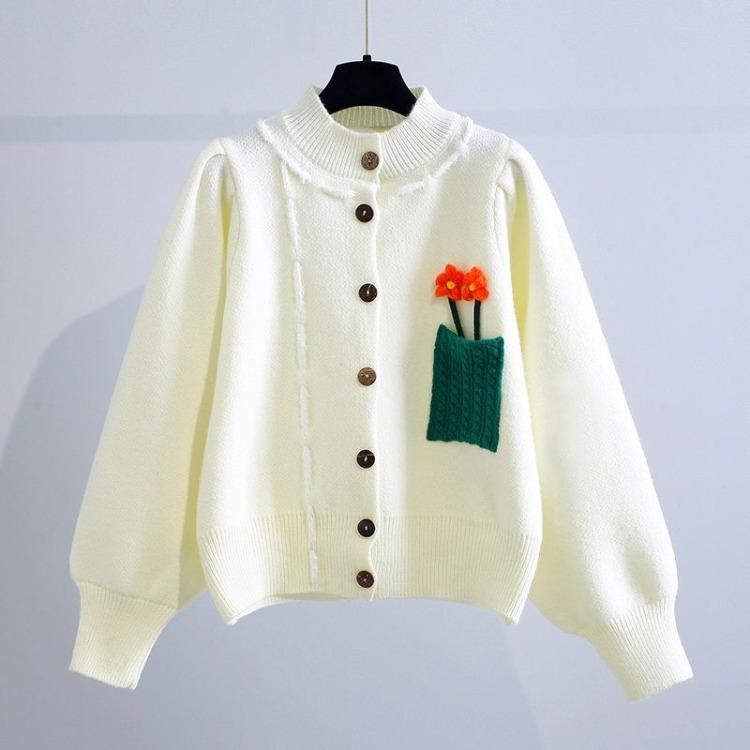 Japanese Loose Student Knitted Sweater Jacket Women Spring New Three Dimensional Flower Design Age Reducing