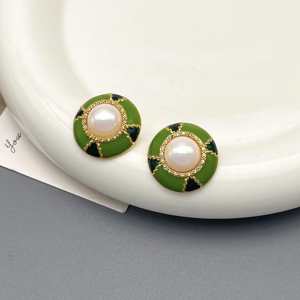 Retro Round Color Block Enamel Pearl Rhinestone Stud Earrings: Fashionable, Elegant, High-End Temperament