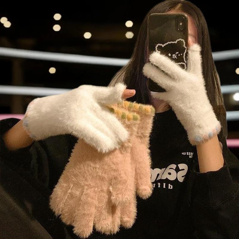 Cute Open Finger Touch Screen Plush Five Finger Gloves For Women In Winter, Warm And Thick Velvet For Cycling Students