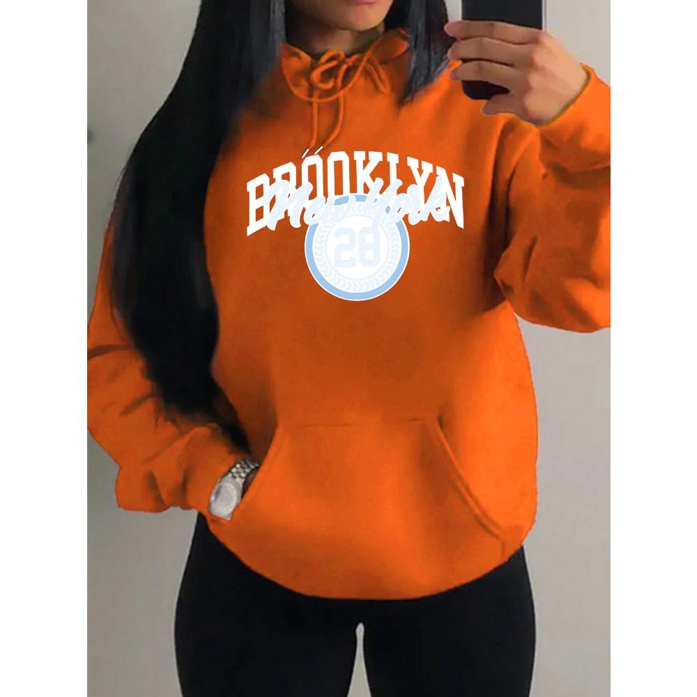 Brooklyn New York Art Letter Number 28 Design Women Hoody Autumn Casual Loose Hoodie Fleece Pocket Streetwear