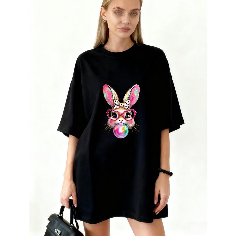 Oversized T Shirt Black Bunny With Glasses And Bubble Gum Print Casual Wear For Women