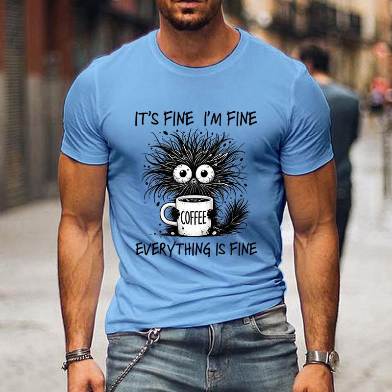 Mir geht es gut, ich bin in Ordnung, alles ist in Ordnung, lustige schwarze Katze, Herrenbekleidung, Vintage-T-Shirt, kurzärmelige Oberteile, Sommer-Modebekleidung