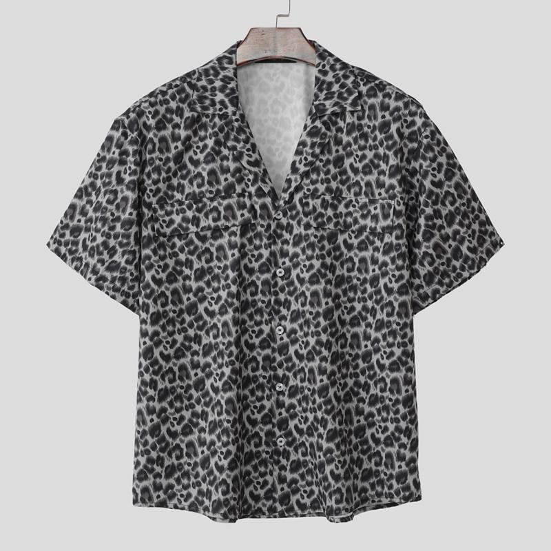 

INCERUN Oversized Summer Men Lapel Short Sleeve Leopard Print Shirts 2XL серый