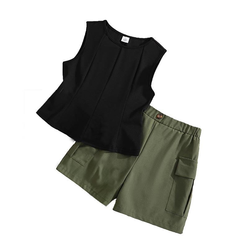 Girls' Fashion Set - Summer Children's Casual Sleeveless Top and Shorts Set