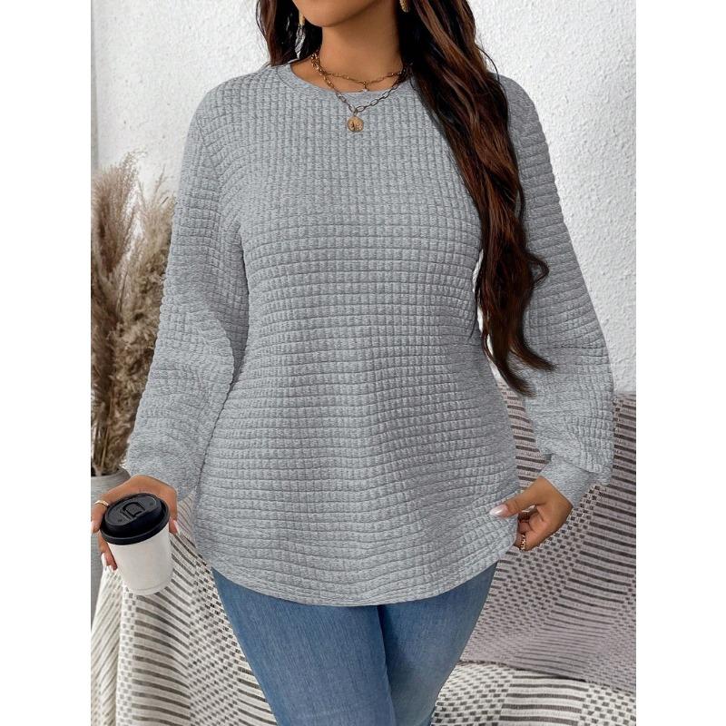 Women Fashion Casual Loose Plaid Solid Long Sleeve Pullover Sweatshirt