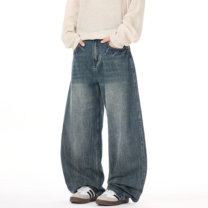 American Retro Trendy Brand Washed Old Scimitar Jeans Men's Loose Wide Legs Drape Casual Blue Long Pants